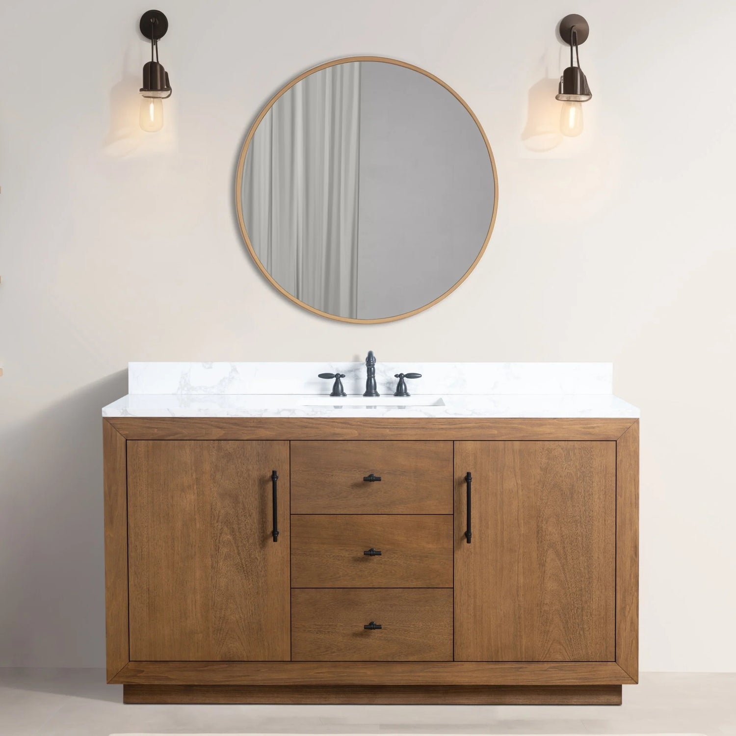 Tocador de baño con lavabo individual en color tostado y cubierta de mármol blanco Arabescato de 60 pulgadas de ancho x 22 pulgadas de profundidad x 38 pulgadas de alto