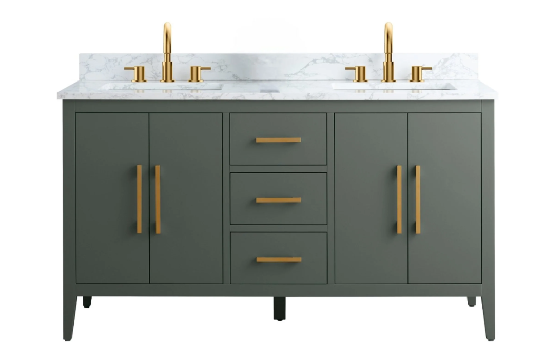 Mueble de baño con lavabo doble de 60" y encimera de mármol artificial