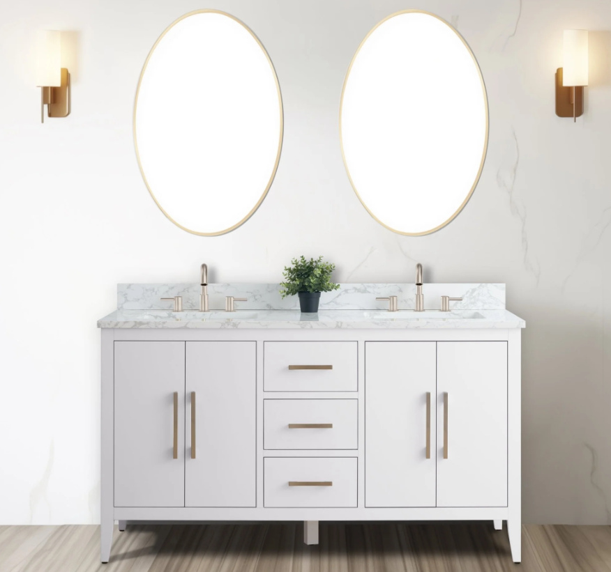 Mueble de baño con lavabo doble de 60" y encimera de mármol artificial