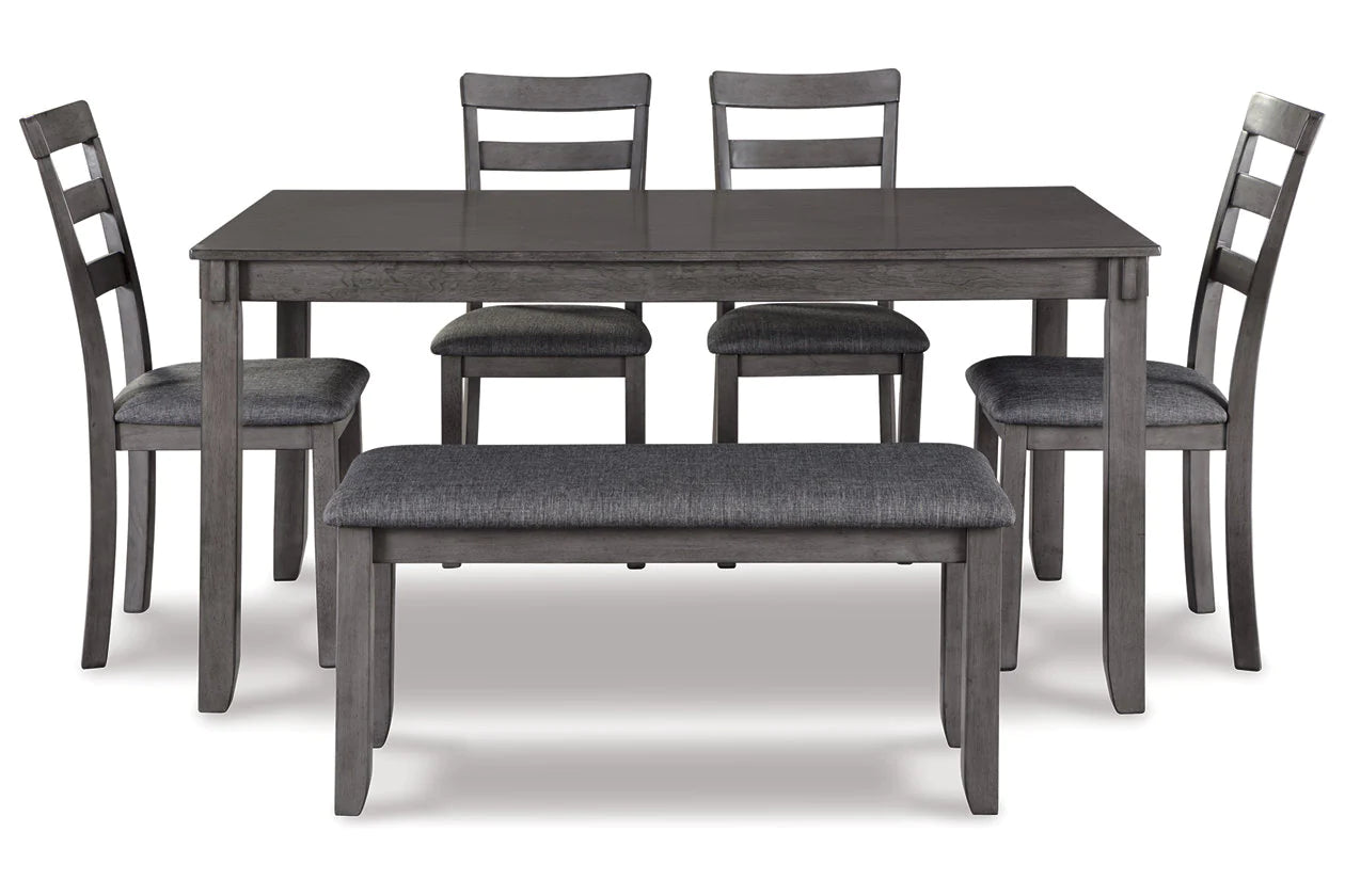 Bridson Gray Dining Table and Chairs with Bench, Set of 6