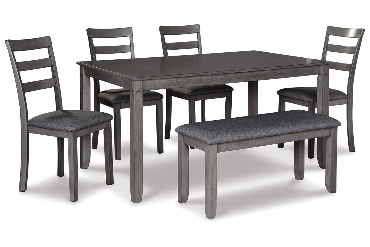 Bridson Gray Dining Table and Chairs with Bench, Set of 6
