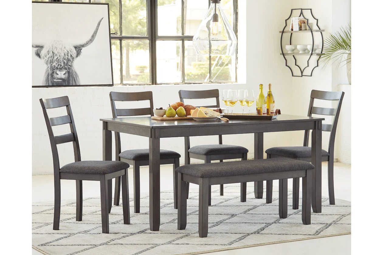 Bridson Gray Dining Table and Chairs with Bench, Set of 6