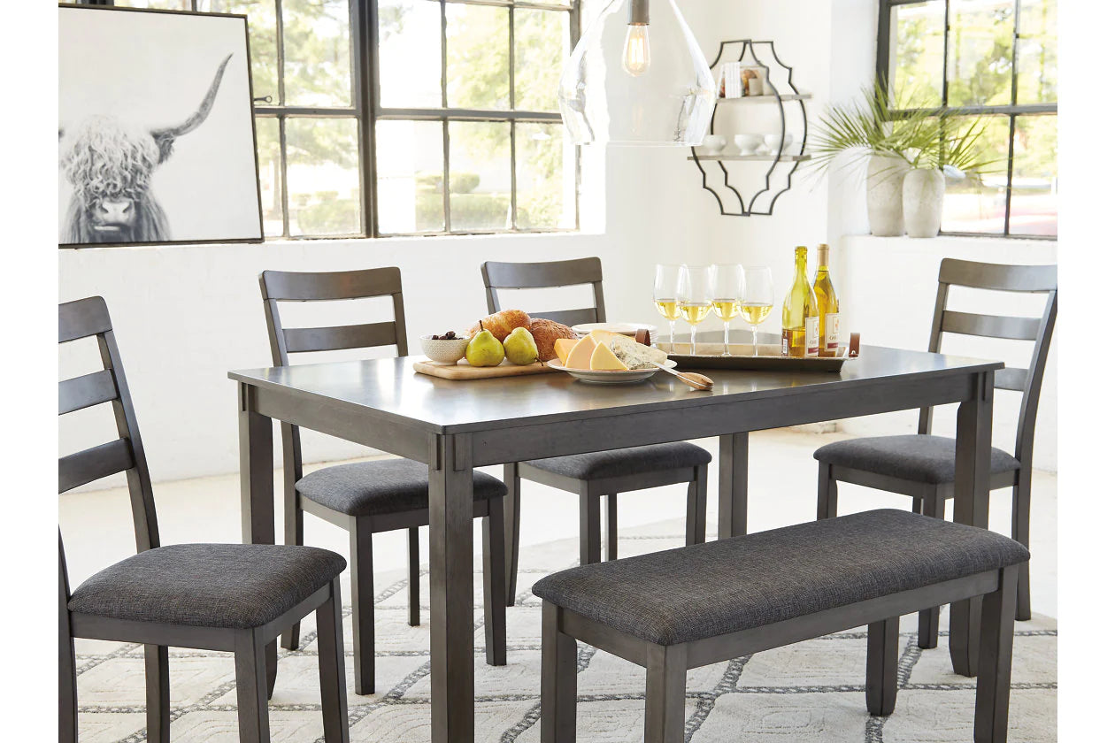 Bridson Gray Dining Table and Chairs with Bench, Set of 6