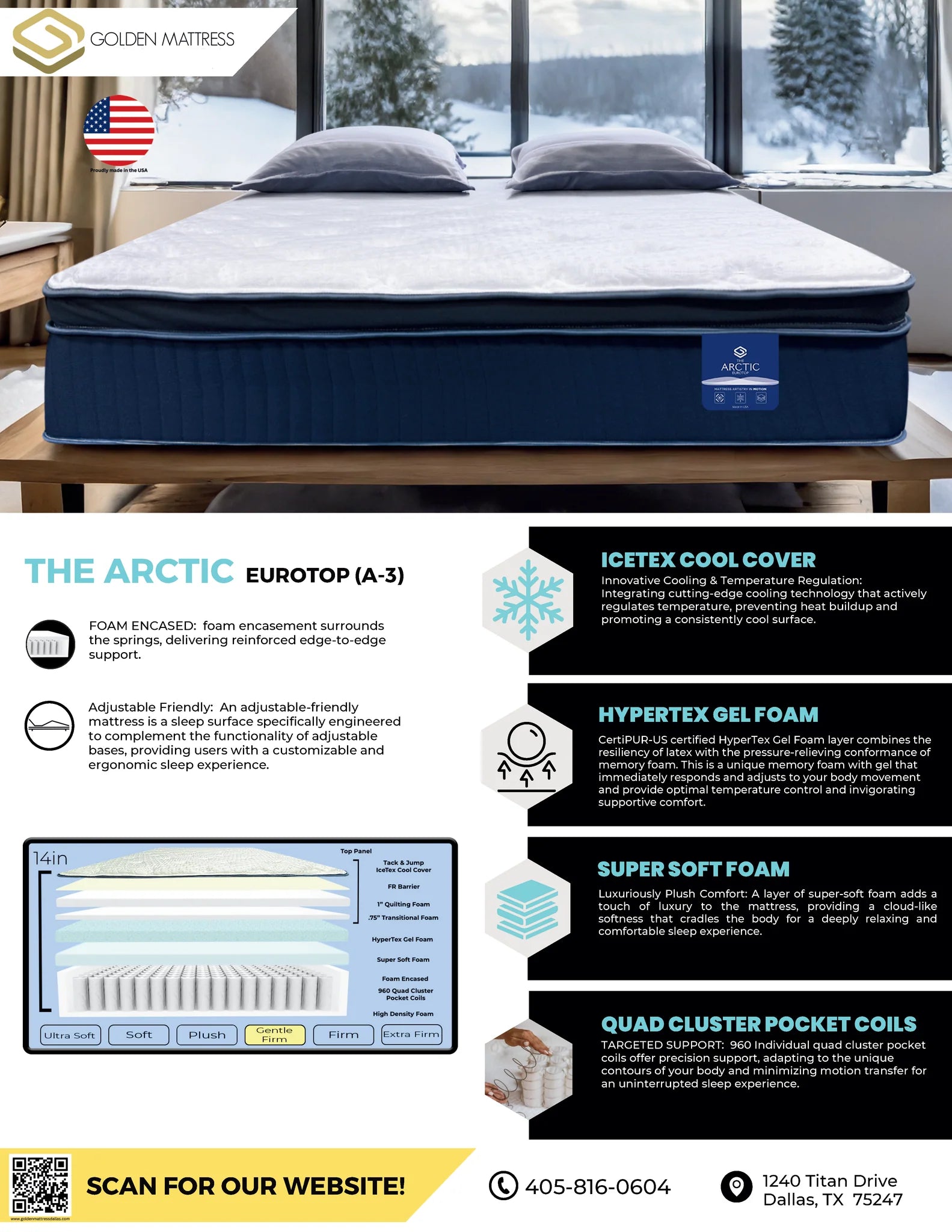 Arctic Luxury EuroTop Mattress A3 – 14" Cooling, Gel Foam w/ 10-year warranty