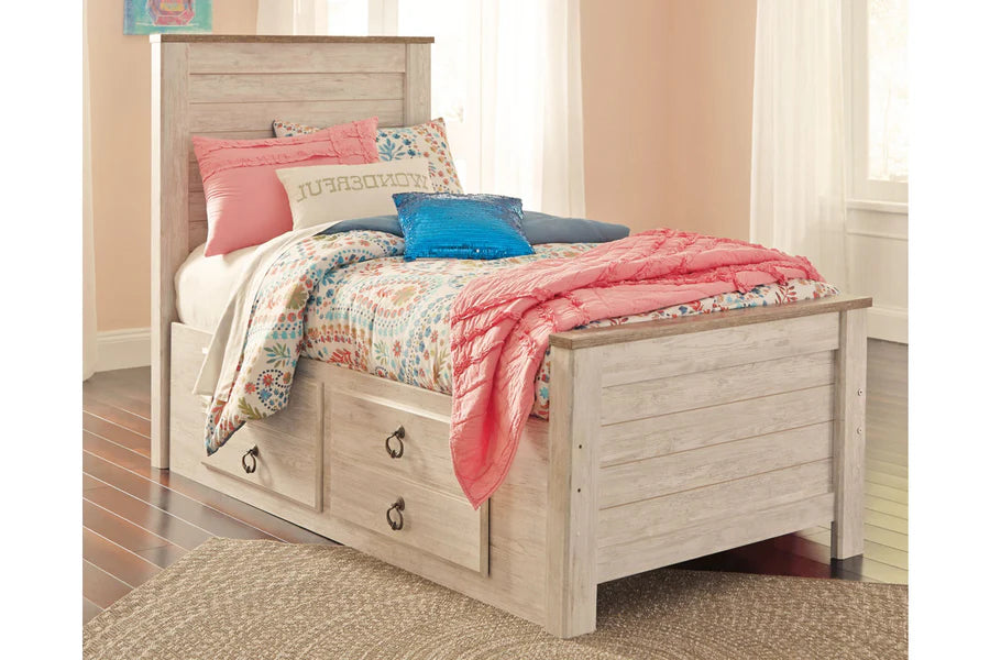 Cama individual Willowton Whitewash con dos cajones de almacenamiento