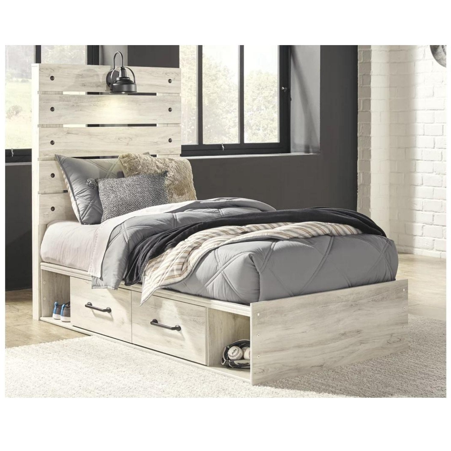Cambeck Twin Panel Bed with 2 Storage Drawers with Mirrored Dresser and 2 Nightstands
