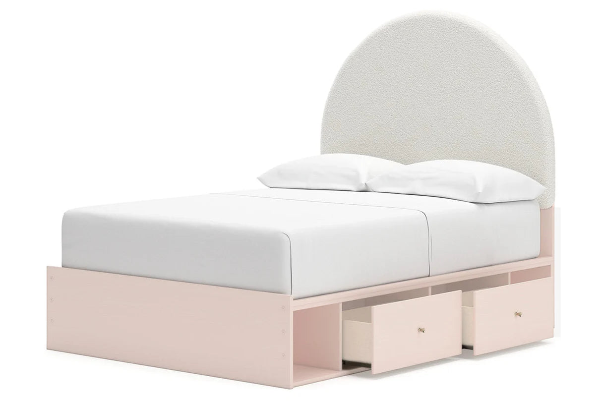 Juego de dormitorio juvenil con plataforma de almacenamiento tapizada en color rubor Wistenpine con 2 cajones