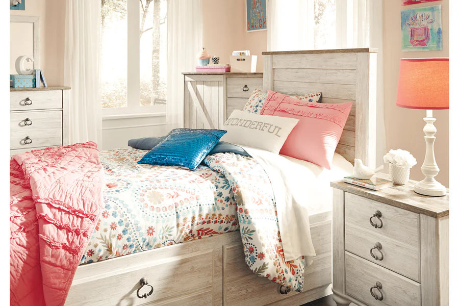 Cama individual Willowton Whitewash con dos cajones de almacenamiento