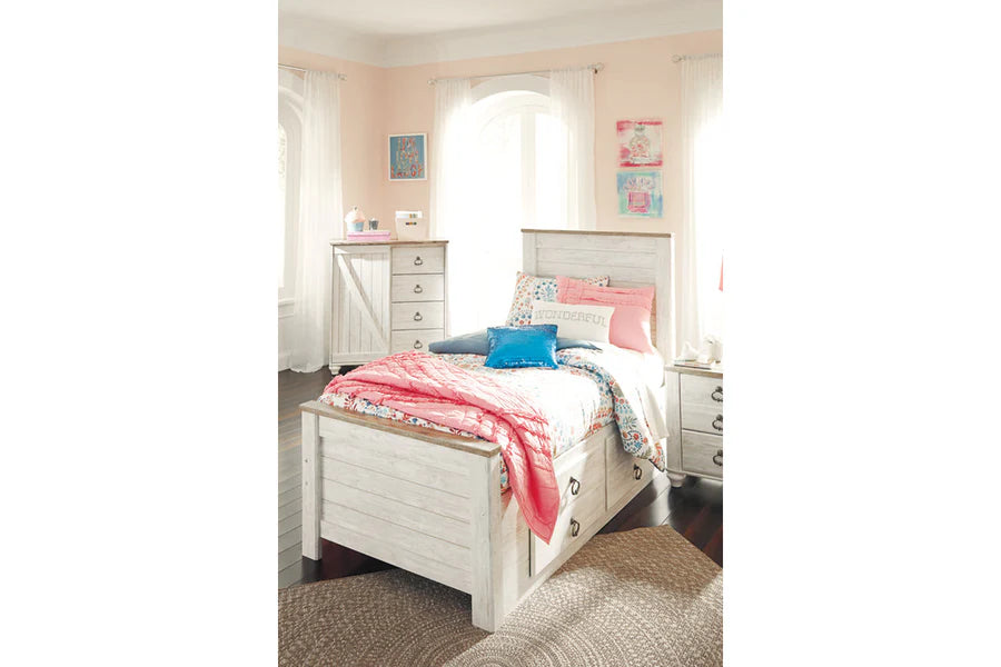 Cama individual Willowton Whitewash con dos cajones de almacenamiento