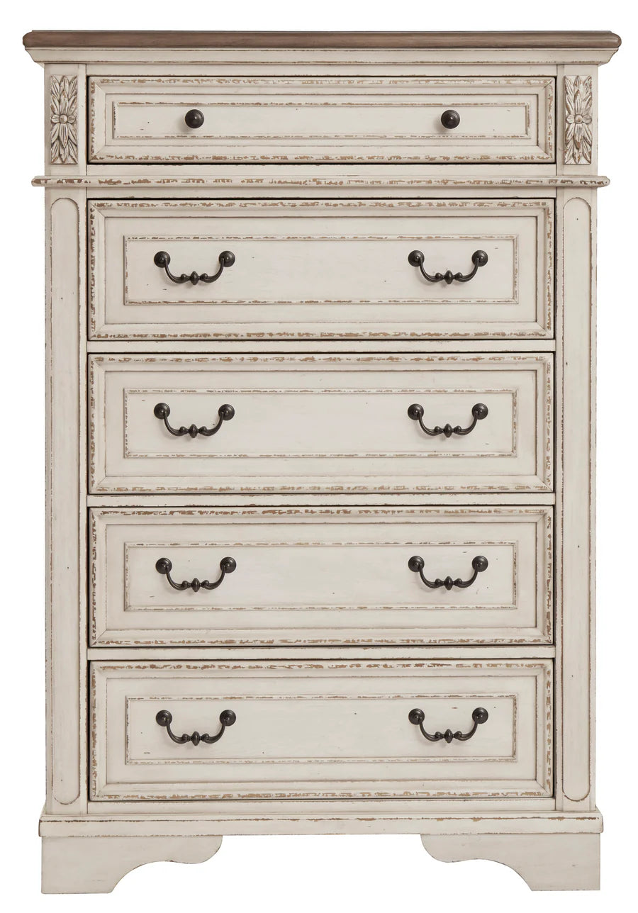 Realyn Chipped White Upholstered Panel Bedroom Set