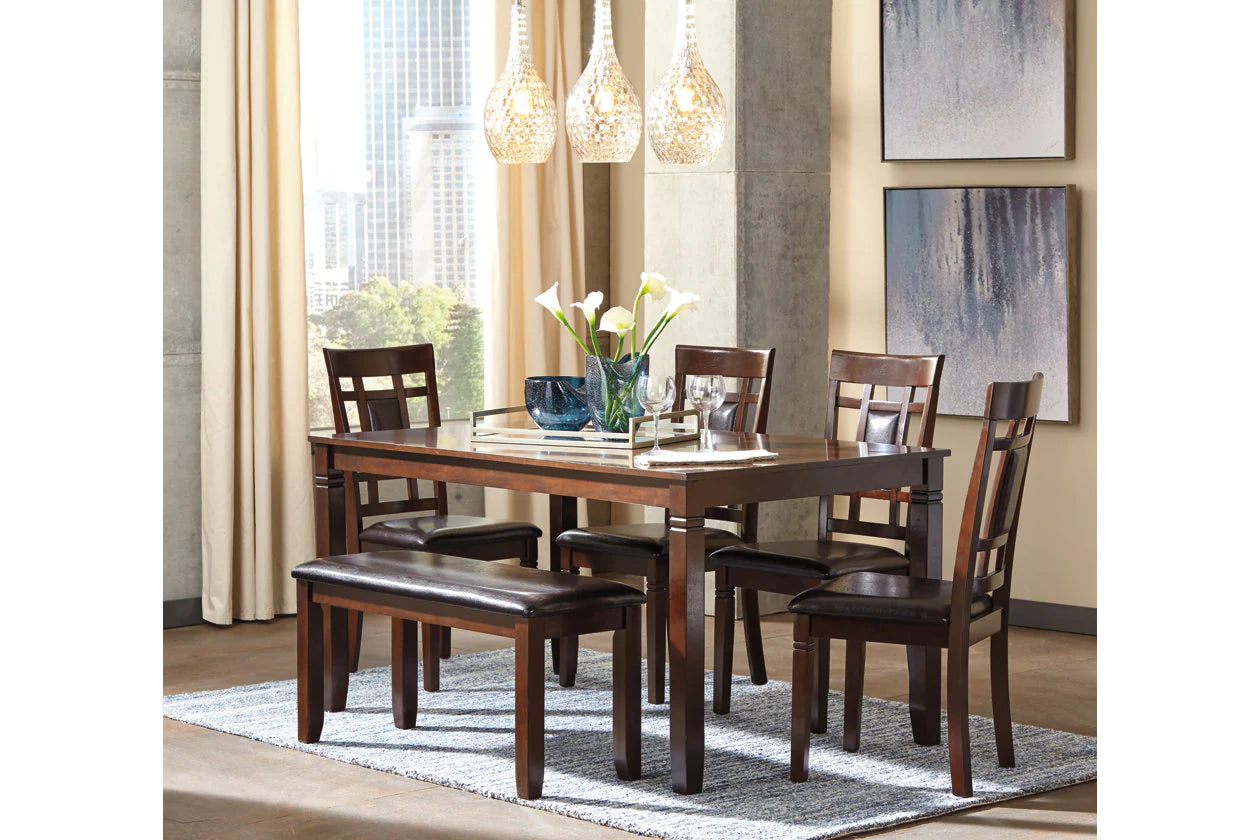 Bennox Brown Dining Table and Chairs with Bench, Set of 6