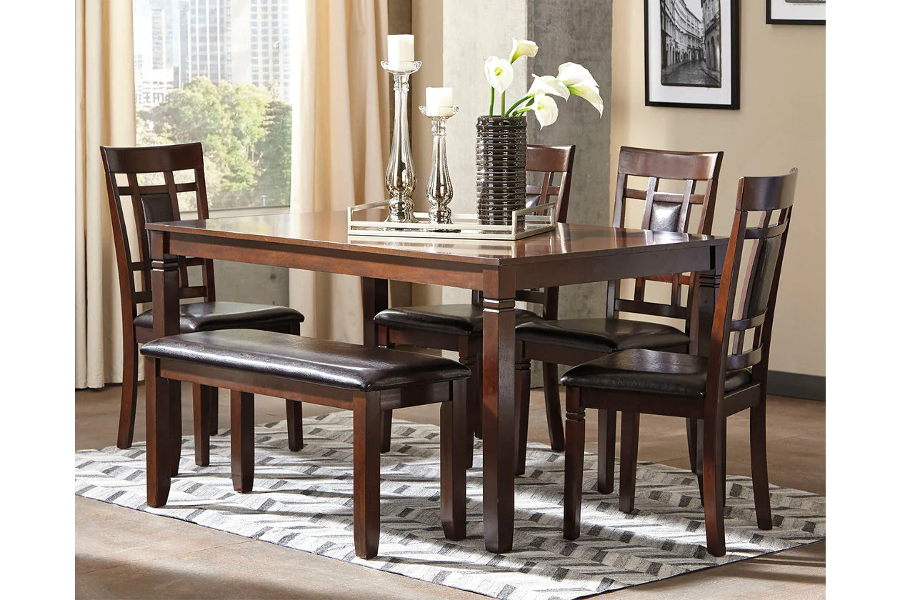 Bennox Brown Dining Table and Chairs with Bench, Set of 6