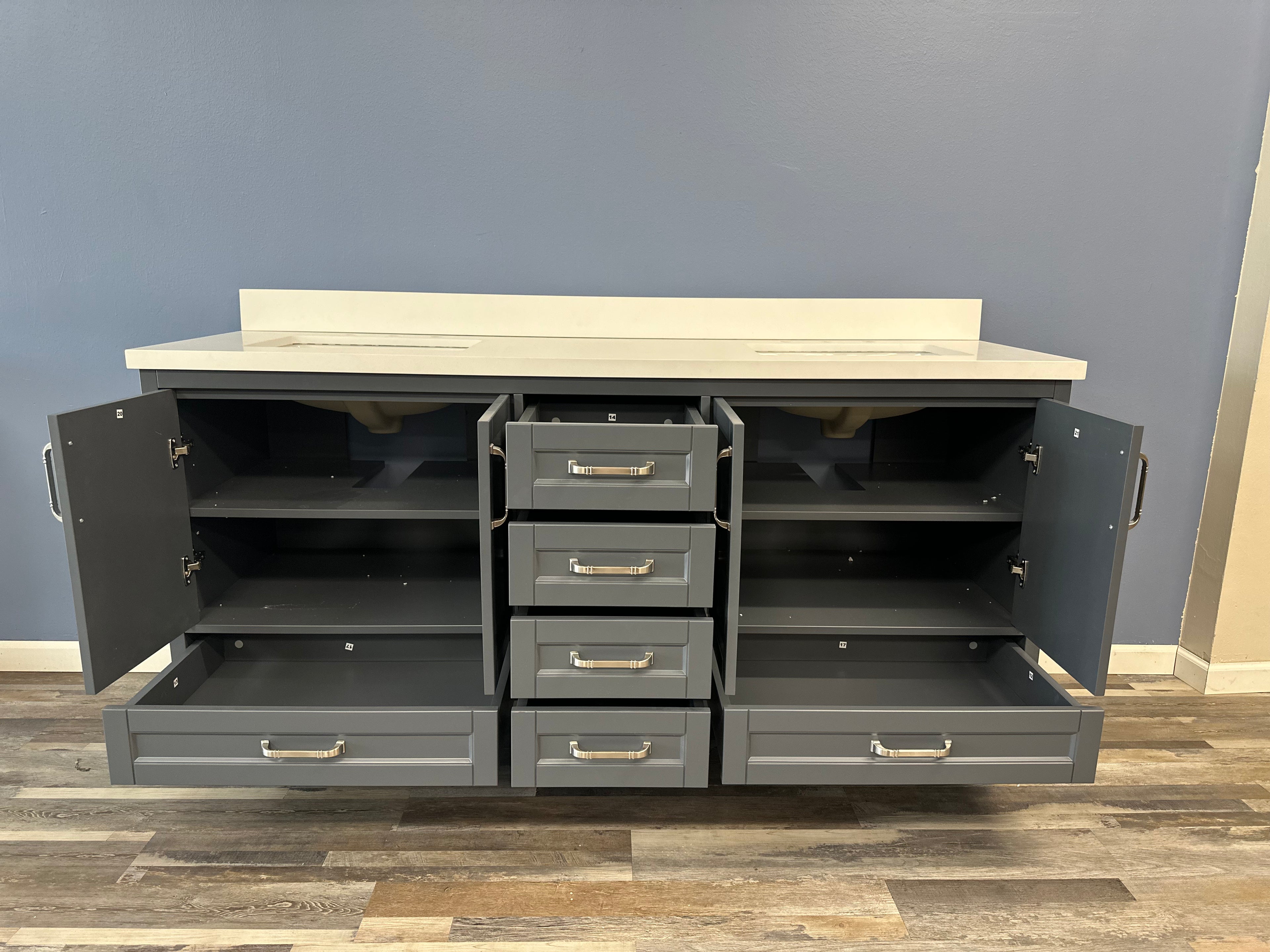 Sandstone 72 in. Vanity in Gray with Quartz Top