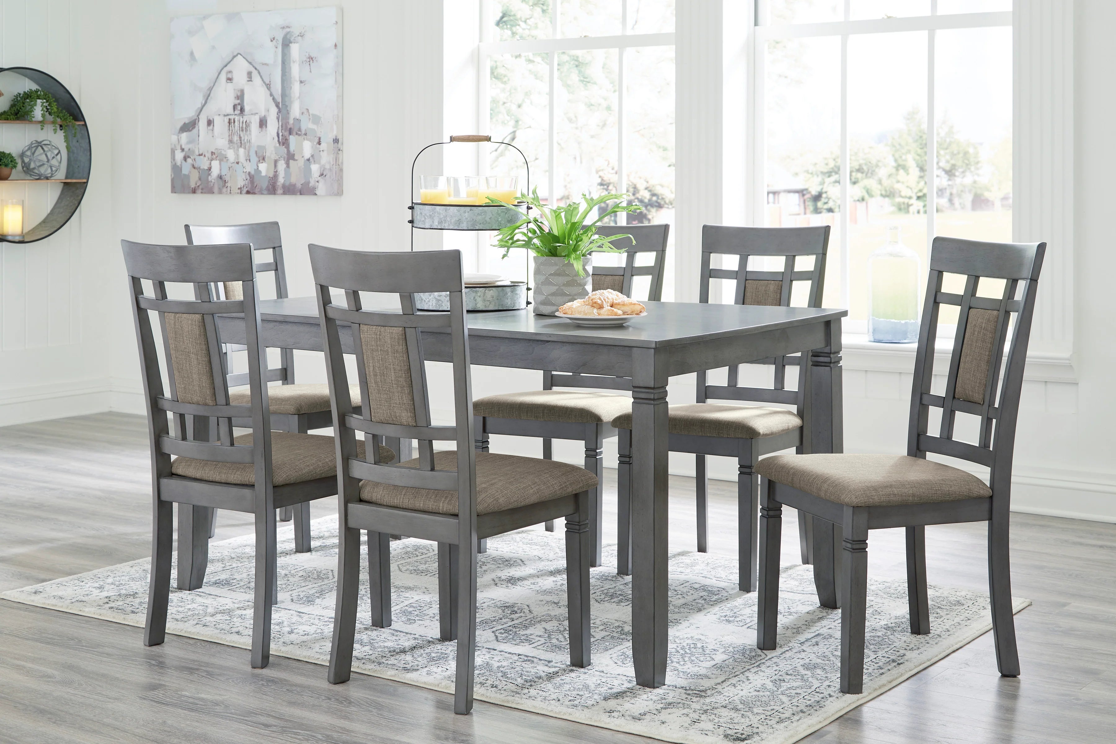 Jayemyer Charcoal Gray Dining Table and Chairs, Set of 7