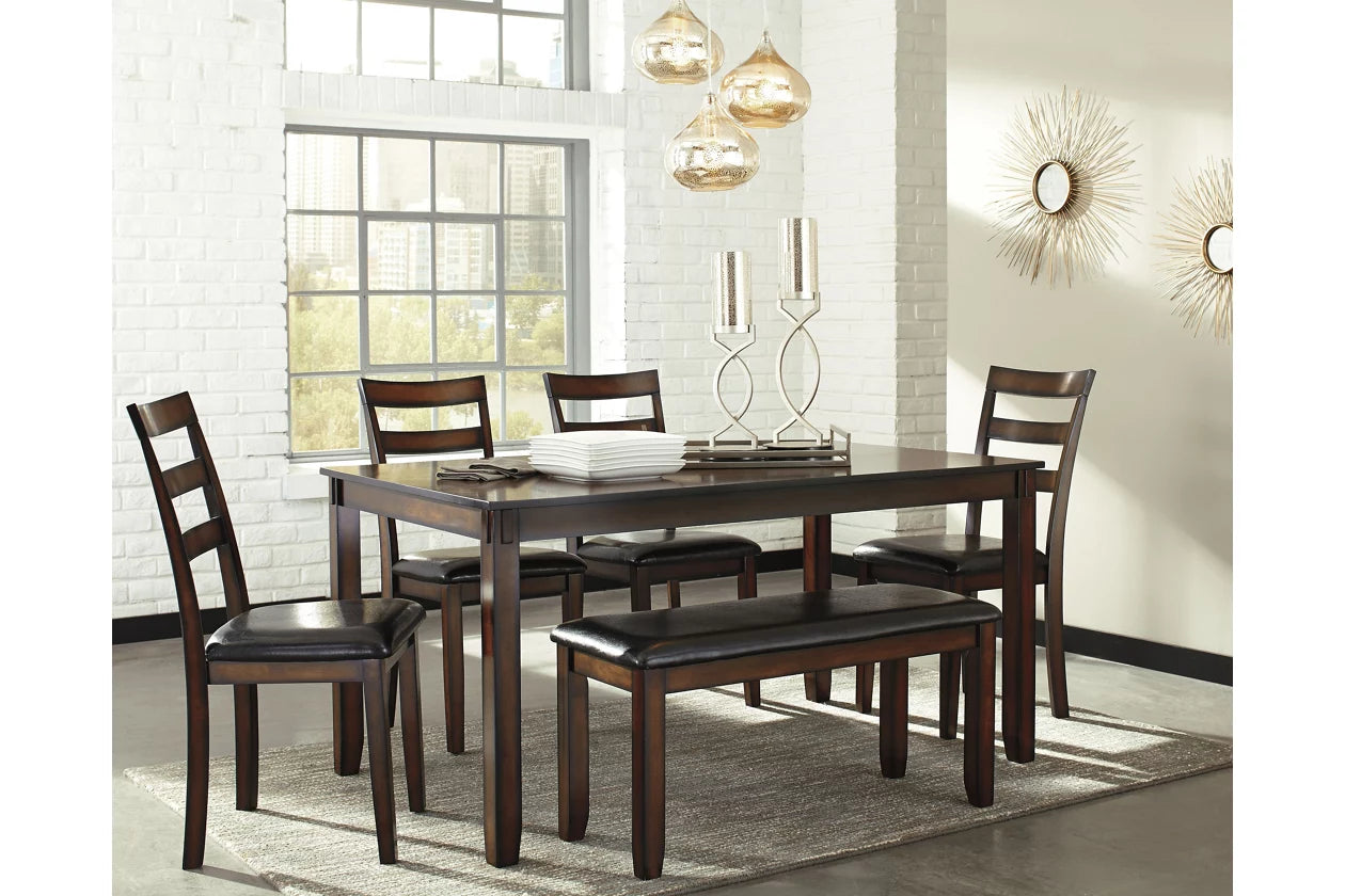 Coviar Brown Dining Table and Chairs with Bench, Set of 6