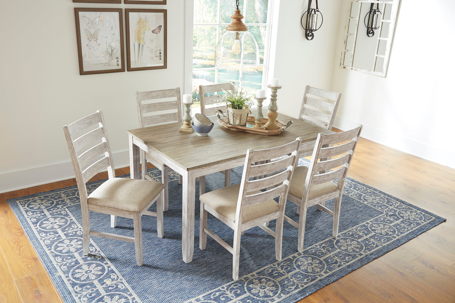 Mesa de comedor y sillas Skempton en blanco y marrón claro, juego de 7