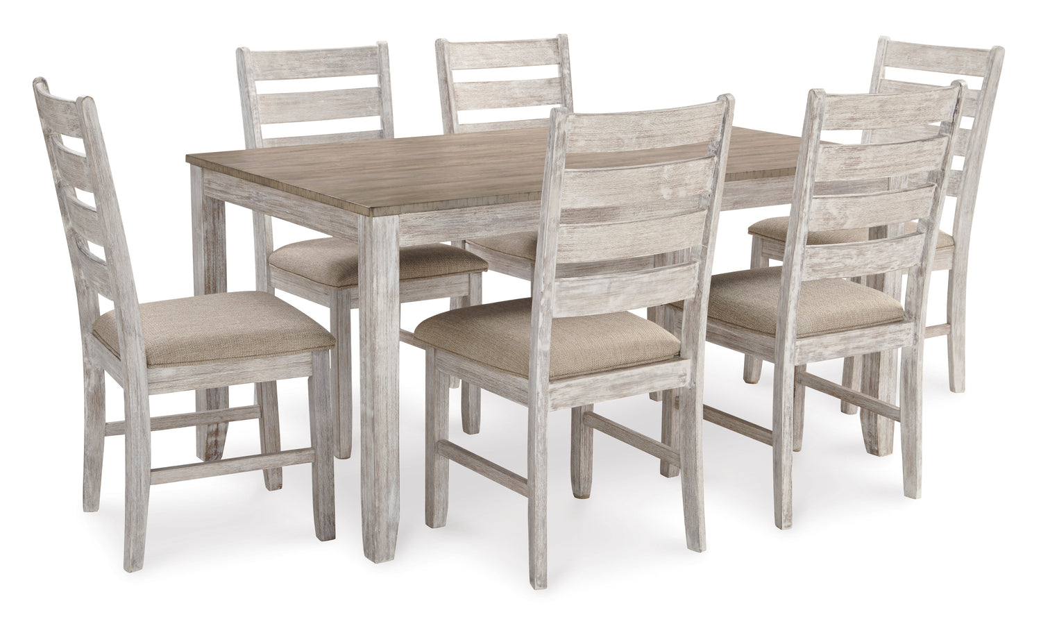 Mesa de comedor y sillas Skempton en blanco y marrón claro, juego de 7