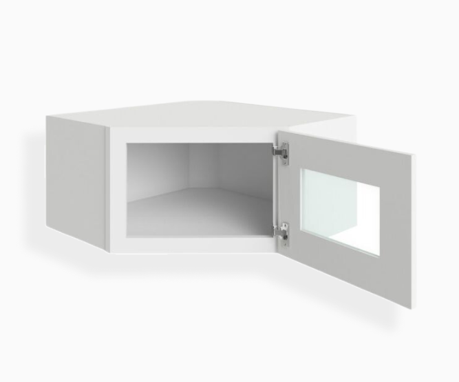 White Shaker 12″ x 27″ & 24" Diagonal Corner Wall Shelf with Glass Door