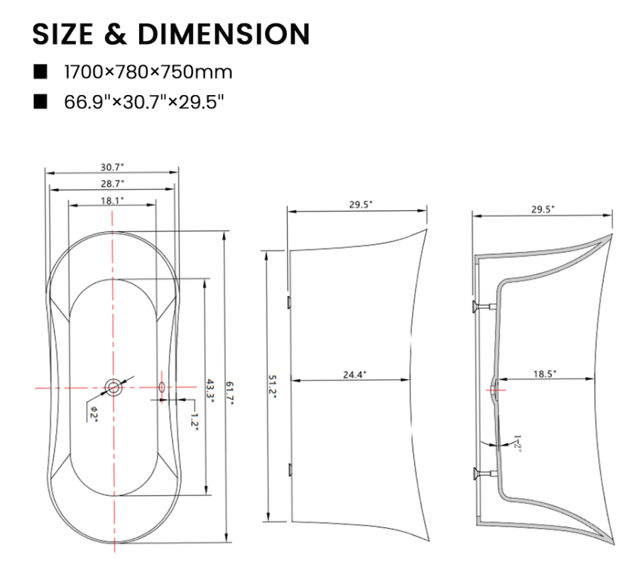 67" x 29" Freestanding Acrylic Bathtub
