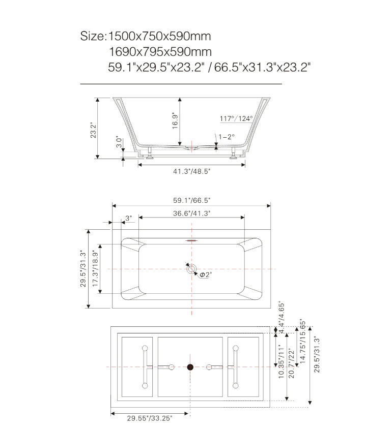 59" or 66.5" Acrylic Modern Stand Alone Soaking Tub
