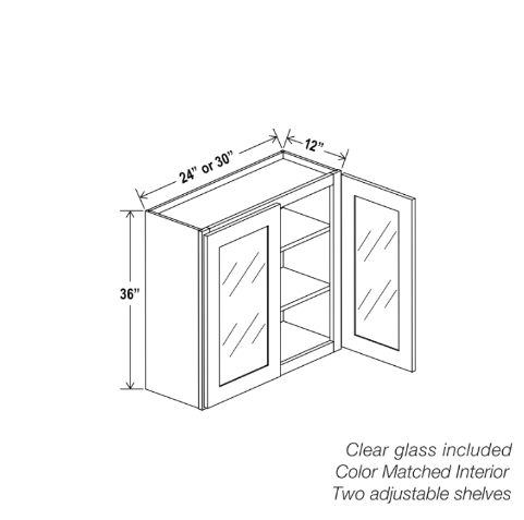 Gabinete de pared gris Shaker de 36″ de alto con puertas dobles y puertas de vidrio