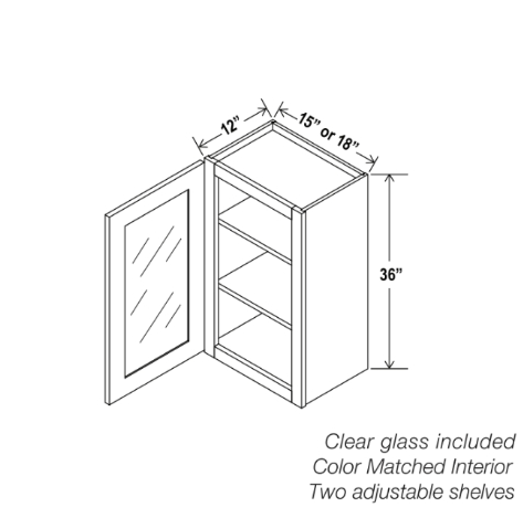Gabinete de pared gris Shaker de una puerta de 36″ de alto con puerta de vidrio