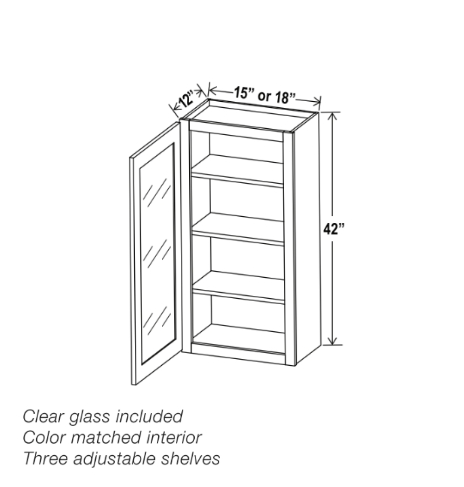 Armario de pared blanco Shaker de 42″ de alto con una puerta y puerta de vidrio