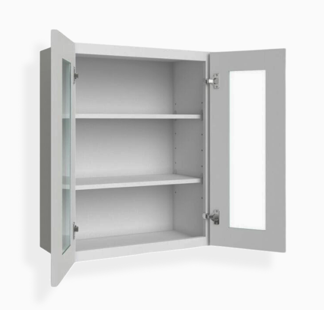 Gabinete de pared gris Shaker de 30″ de alto con puerta doble y puerta de vidrio