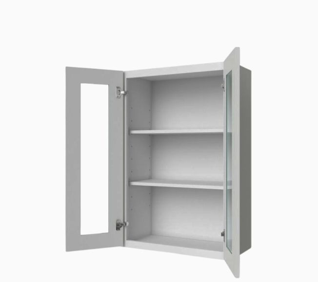 Gabinete de pared gris Shaker de 36″ de alto con puertas dobles y puertas de vidrio