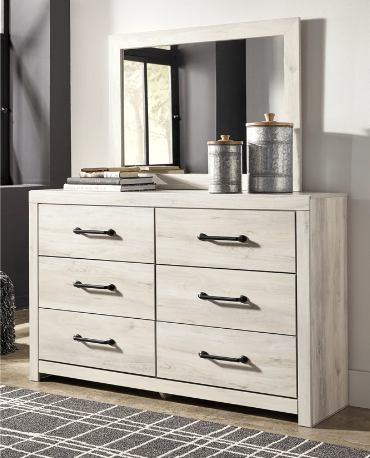 Cambeck Twin Panel Bed with 2 Storage Drawers with Mirrored Dresser and 2 Nightstands