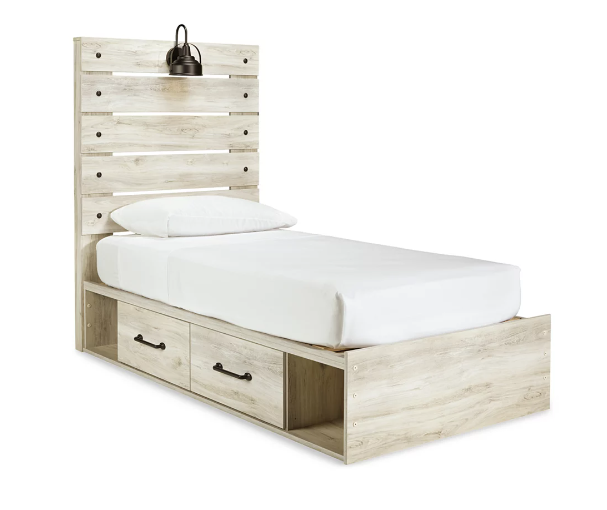 Cambeck Twin Panel Bed with 2 Storage Drawers with Mirrored Dresser and 2 Nightstands