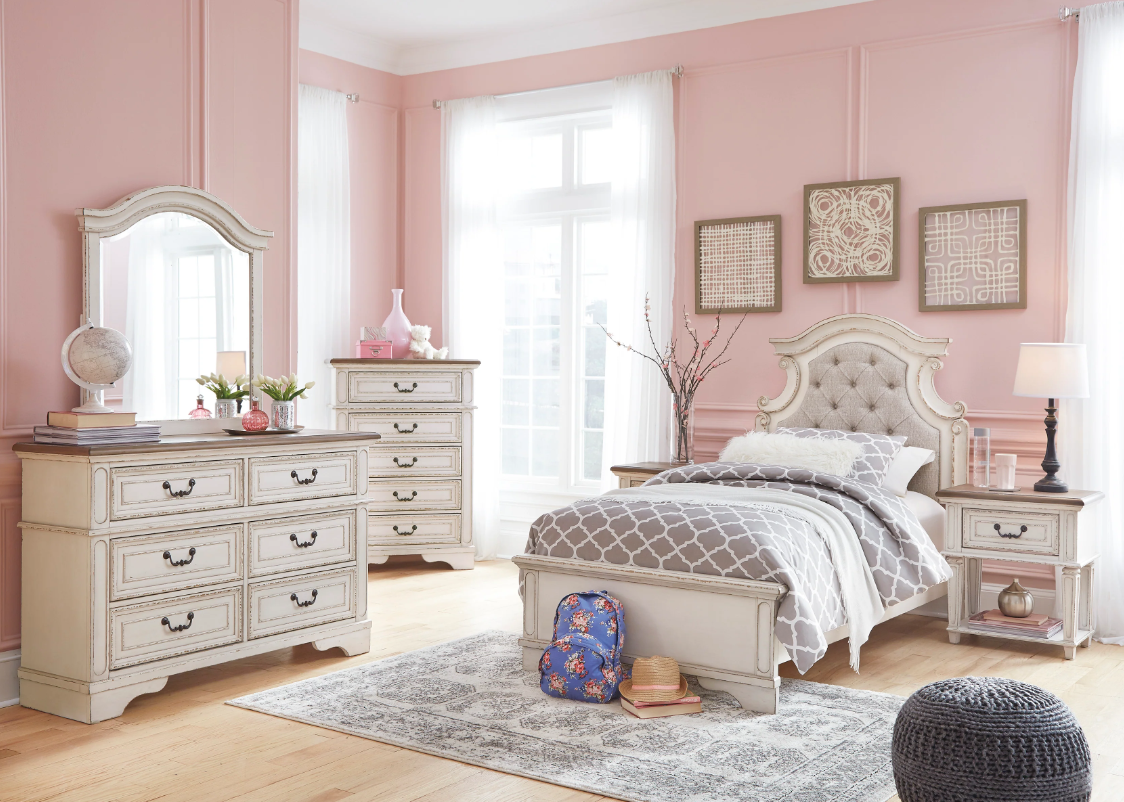 Realyn Chipped White Upholstered Panel Youth Bedroom Set
