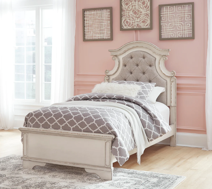 Realyn Chipped White Upholstered Panel Youth Bedroom Set