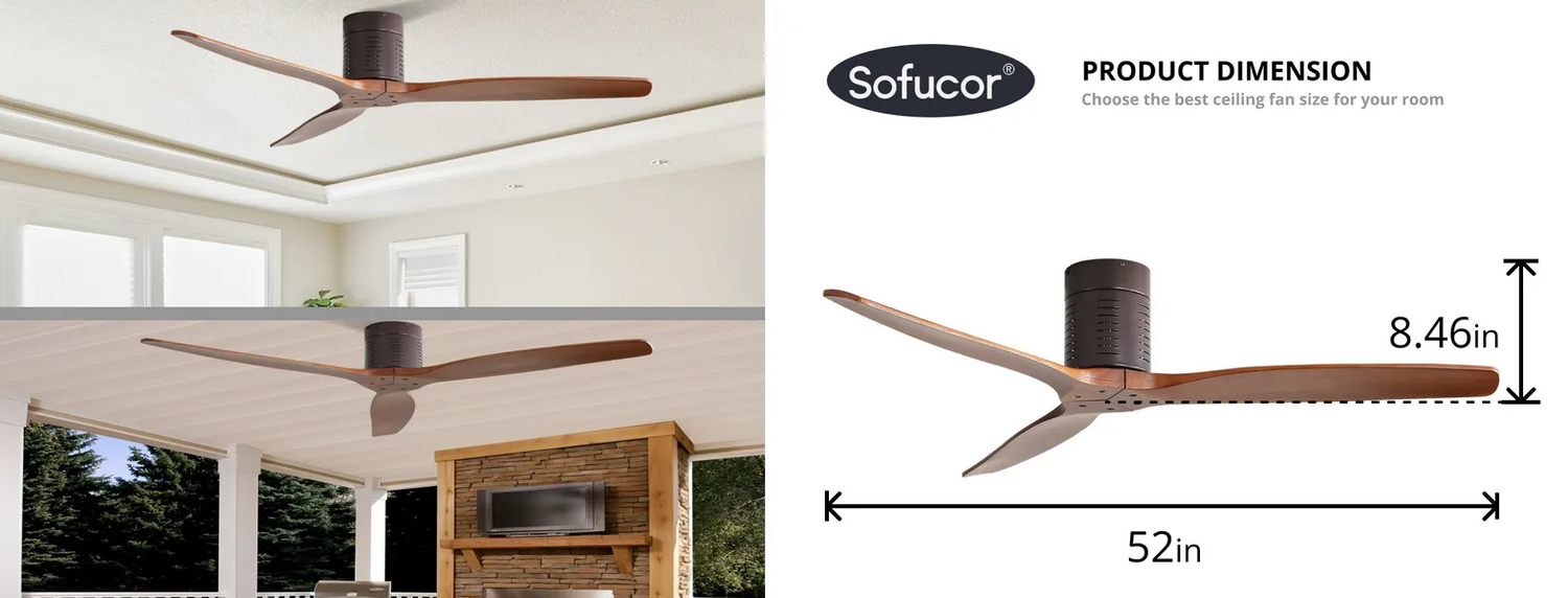 Ventilador de techo empotrado de 52″ sin luz, diseño de aspas de madera de nogal
