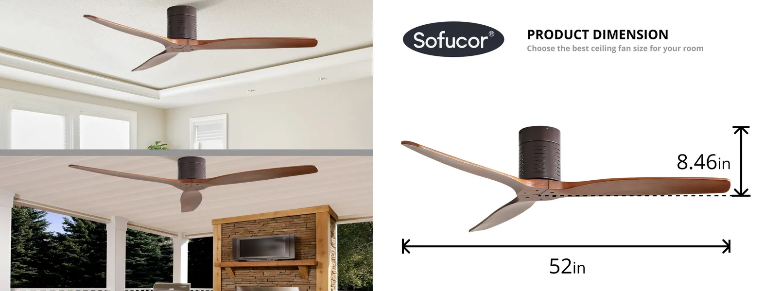Ventilador de techo empotrado de 52″ sin luz, diseño de aspas de madera de nogal