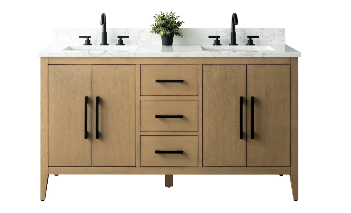 Mueble de baño con lavabo doble de 60" y encimera de mármol artificial
