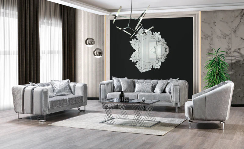 Sofá y loveseat de terciopelo plateado Santana