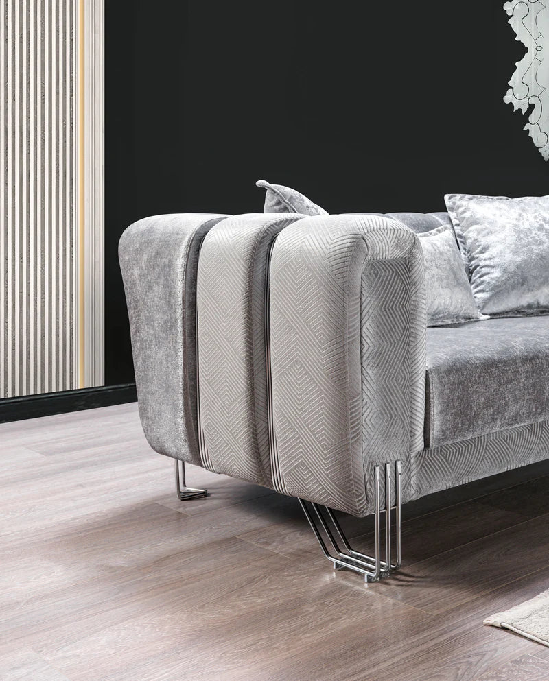 Sofá y loveseat de terciopelo plateado Santana