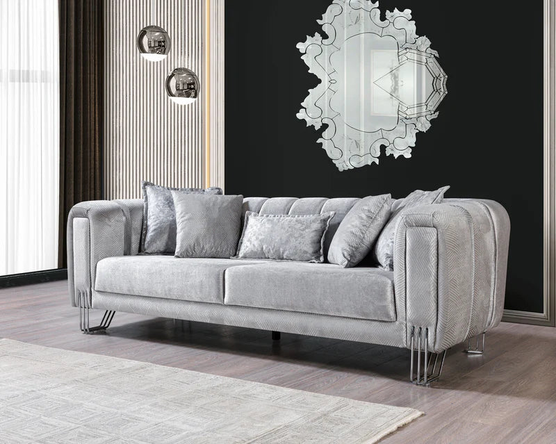 Sofá y loveseat de terciopelo plateado Santana