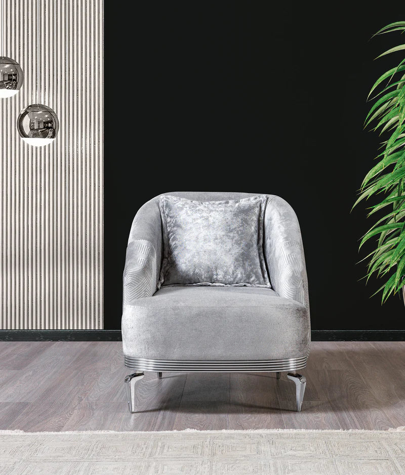 Sofá y loveseat de terciopelo plateado Santana
