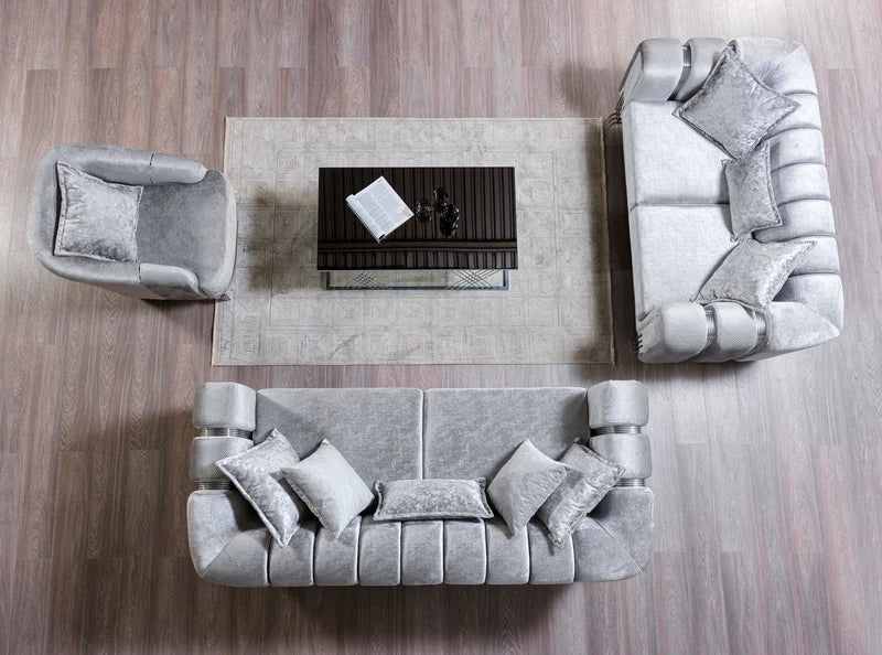 Sofá y loveseat de terciopelo plateado Santana