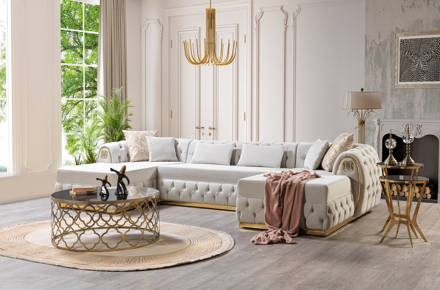 Chaise longue seccional doble Jess Velvet Ivory
