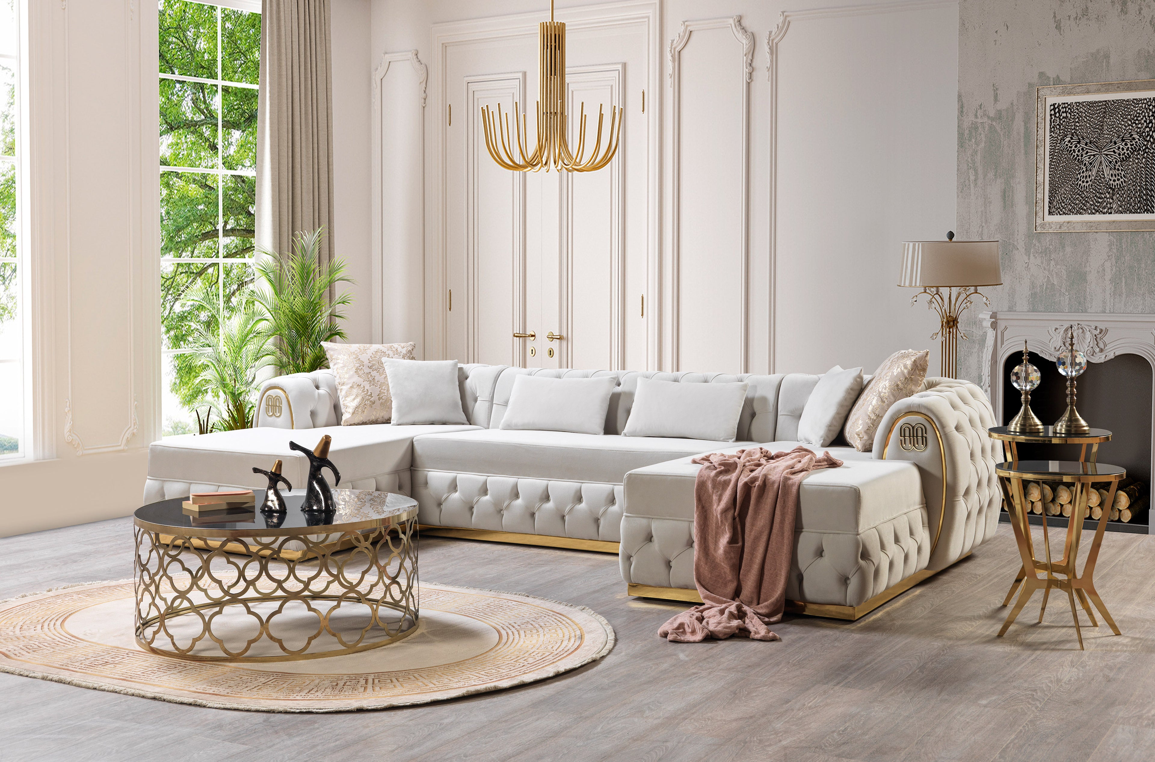 Chaise longue seccional doble Jess Velvet Ivory