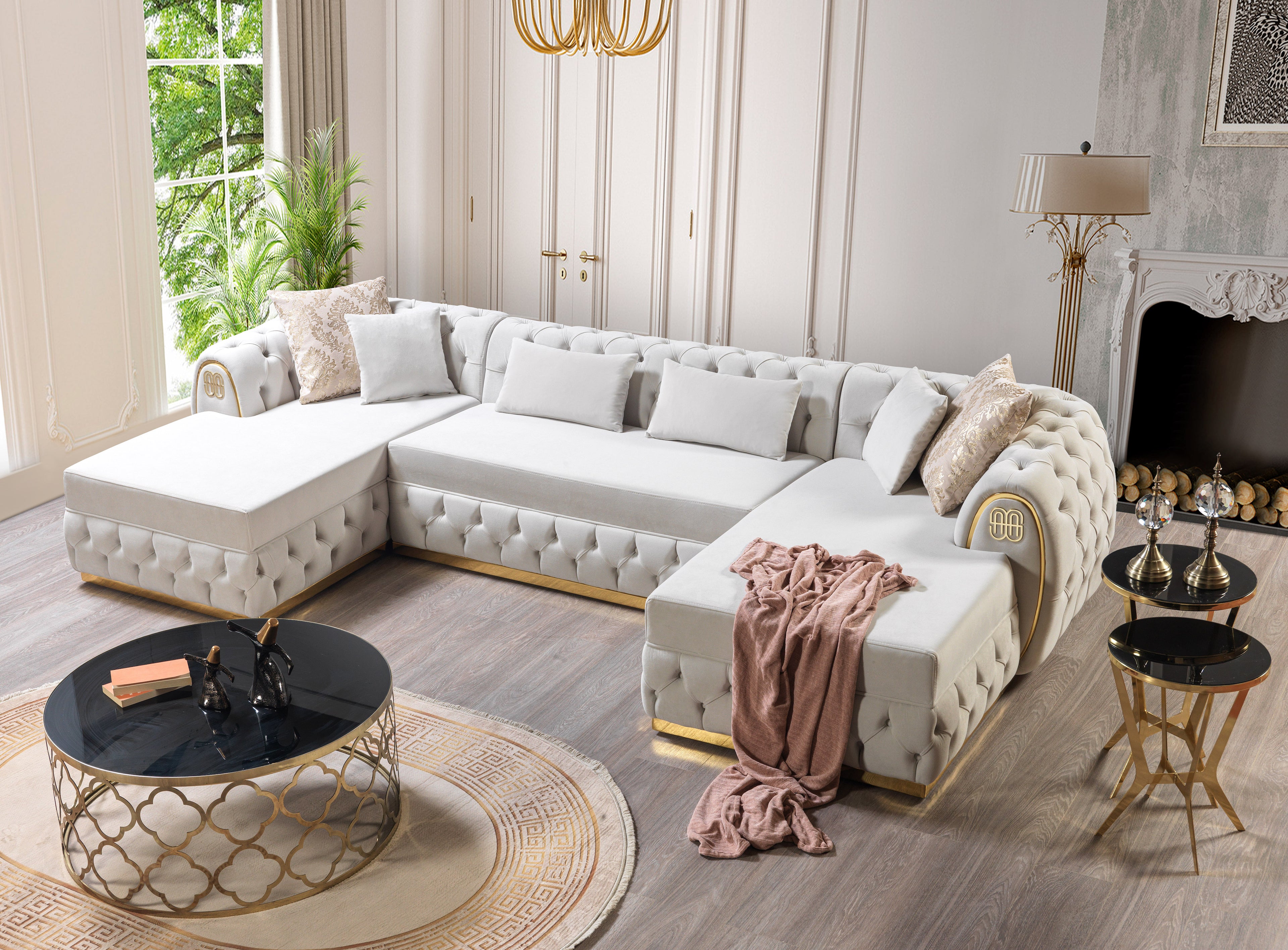 Chaise longue seccional doble Jess Velvet Ivory