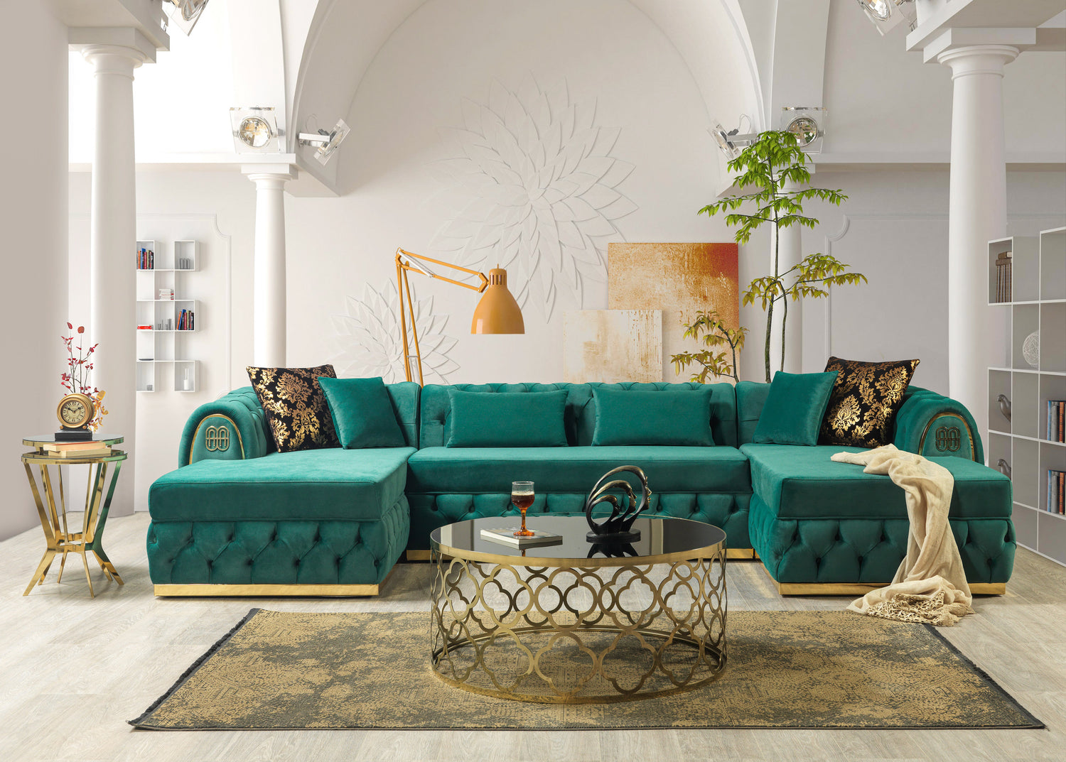 Chaise longue doble seccional de terciopelo verde Jess