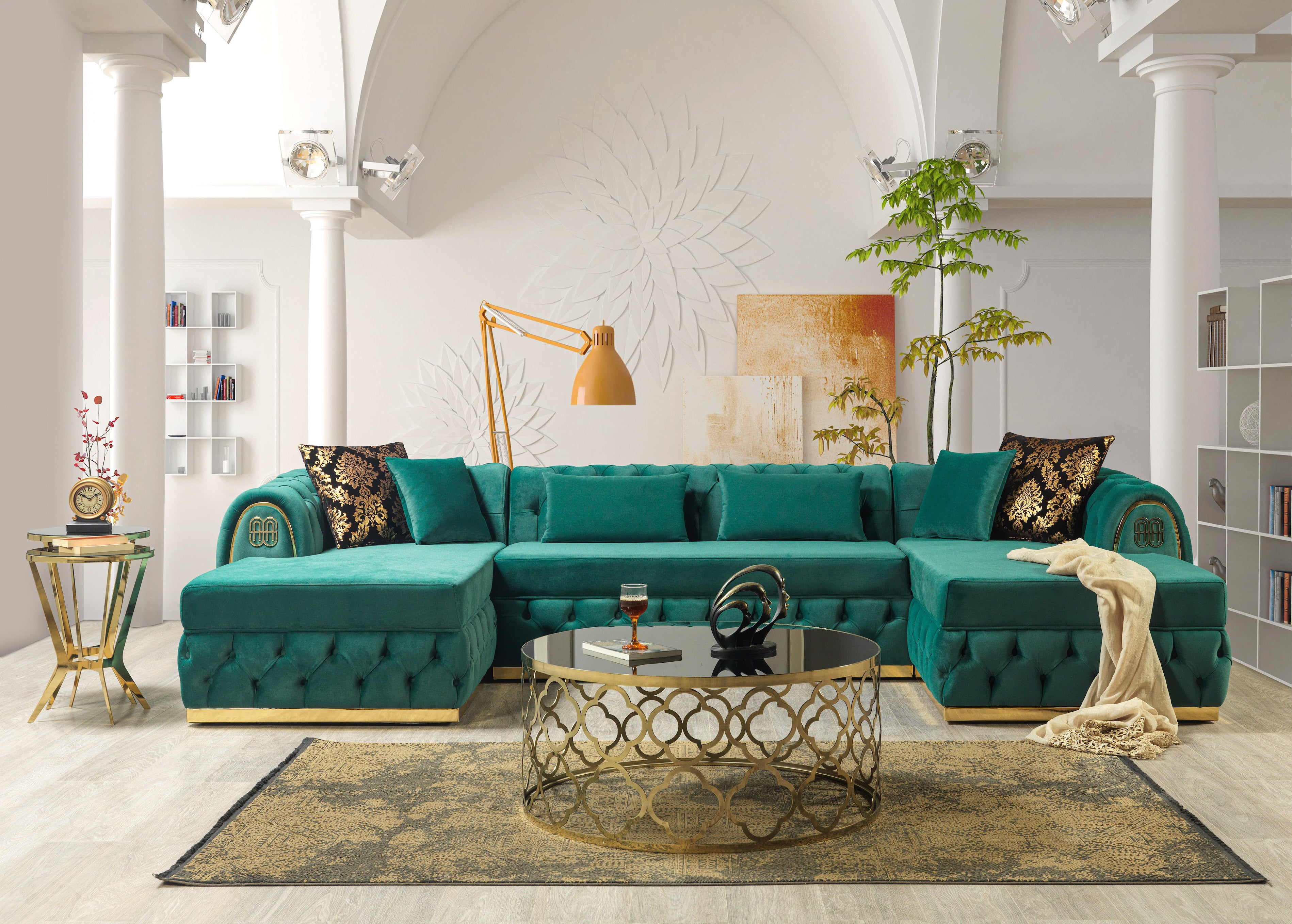 Chaise longue doble seccional de terciopelo verde Jess