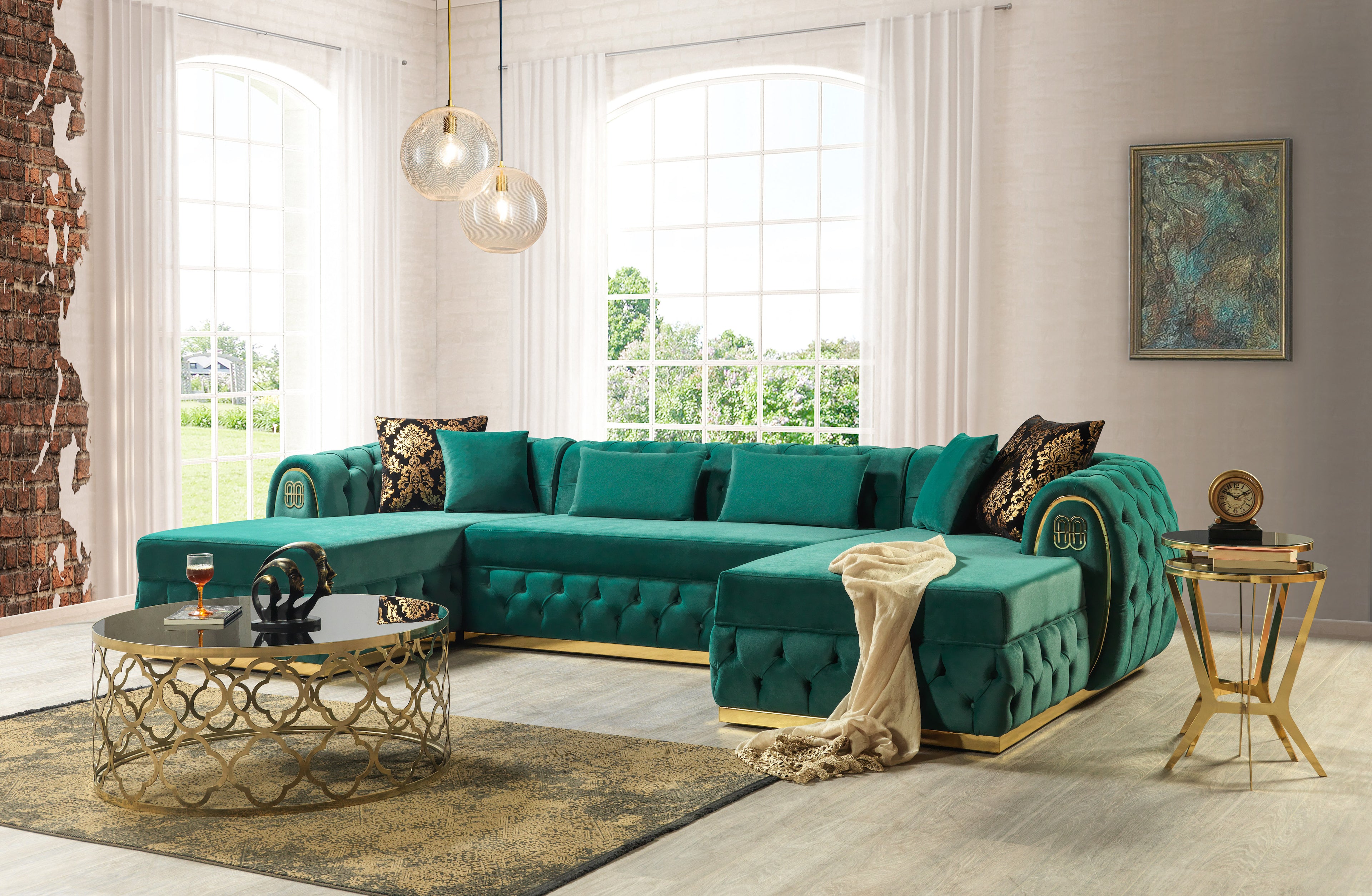 Chaise longue doble seccional de terciopelo verde Jess