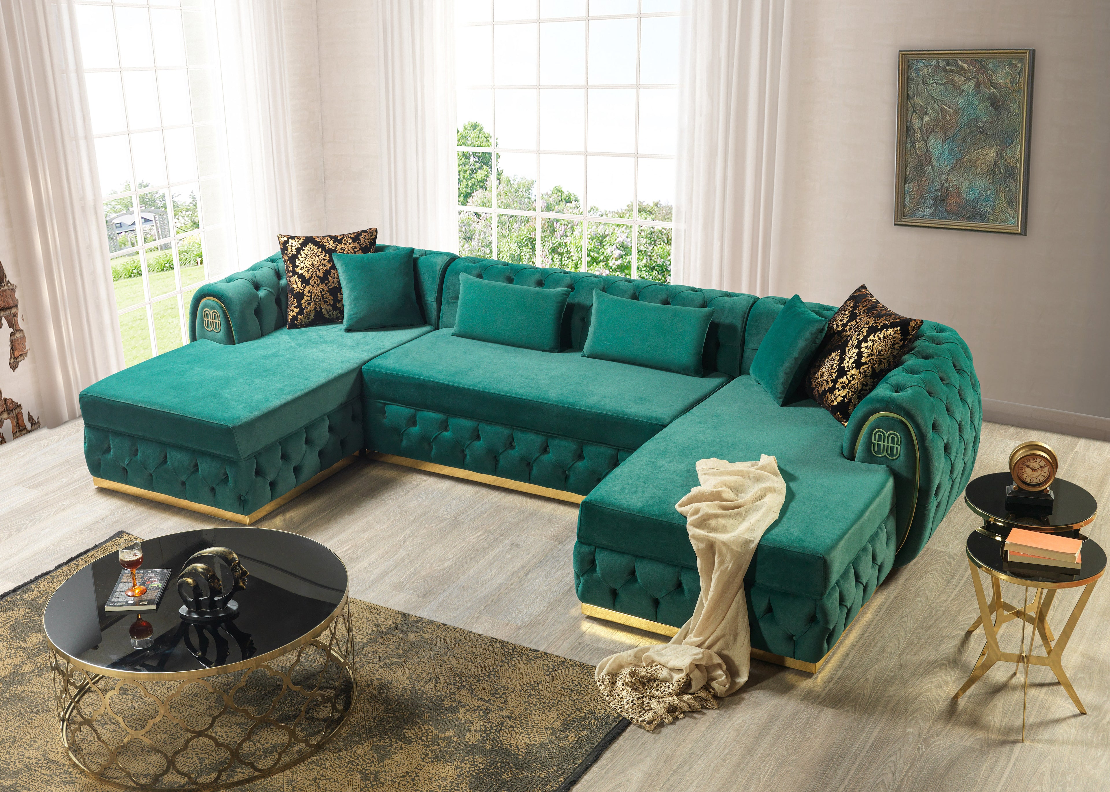 Chaise longue doble seccional de terciopelo verde Jess