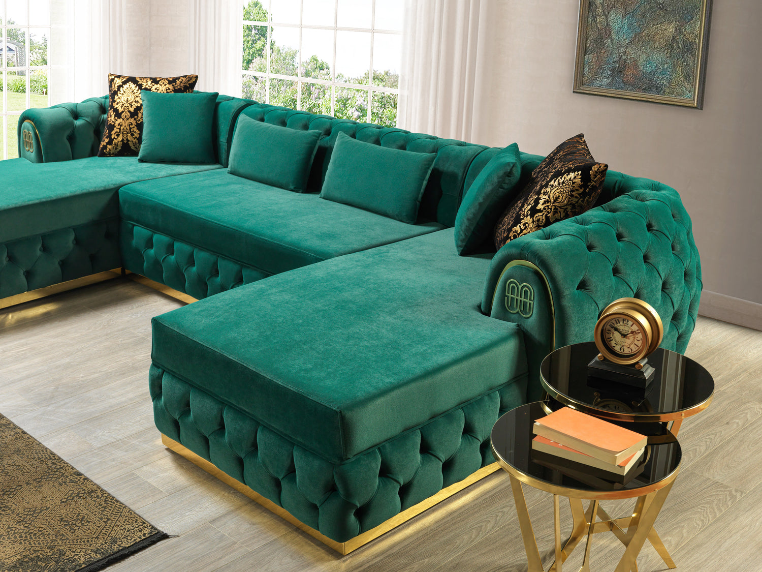 Chaise longue doble seccional de terciopelo verde Jess