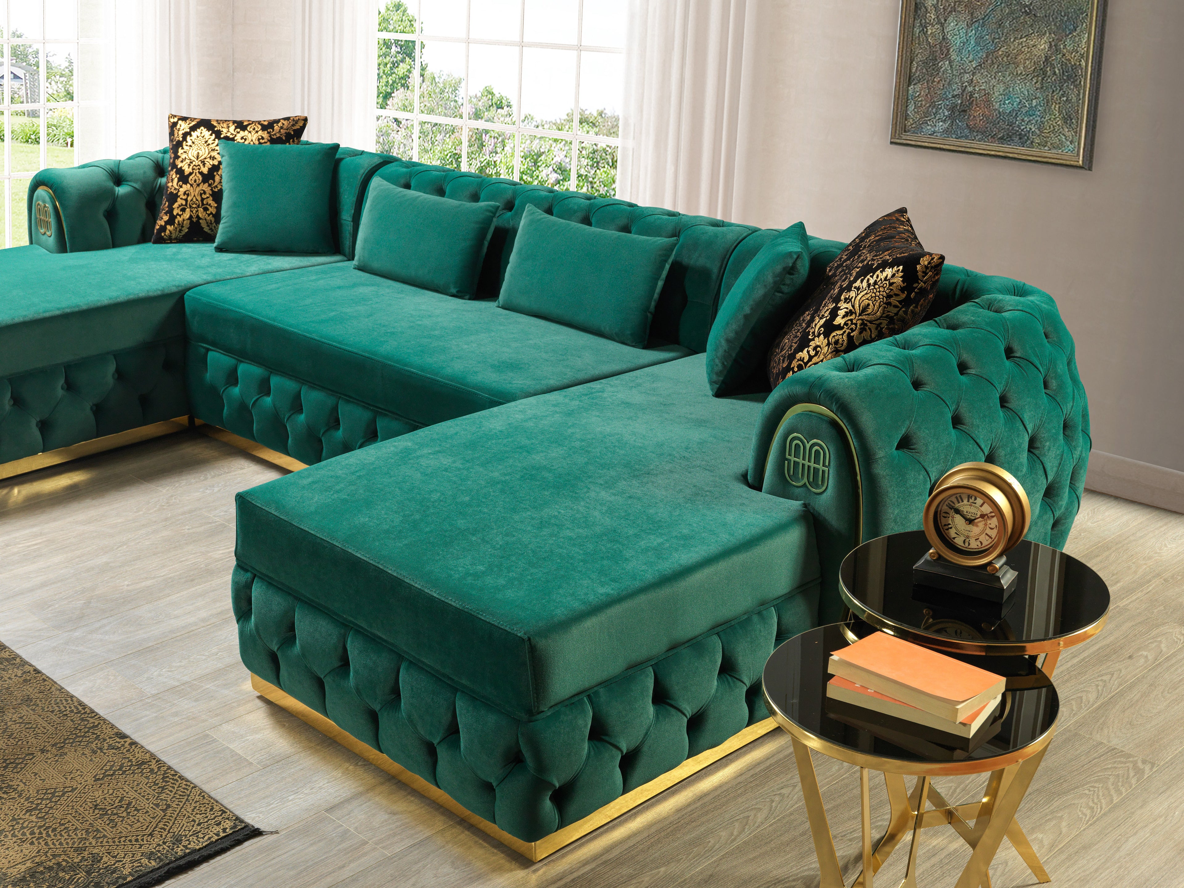 Chaise longue doble seccional de terciopelo verde Jess
